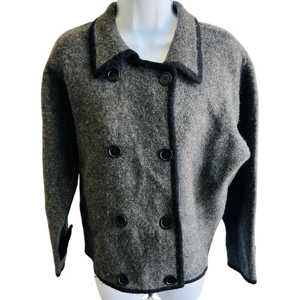 🧥 Herman Geist Petite Wool Peacoat Gray Black Trim Double Breasted PL - Picture 1 of 4